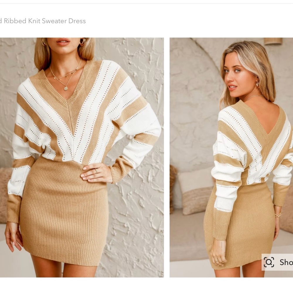 Striped Ribbed Knit Sweater Dress SZ L NWT V-NECK MINI